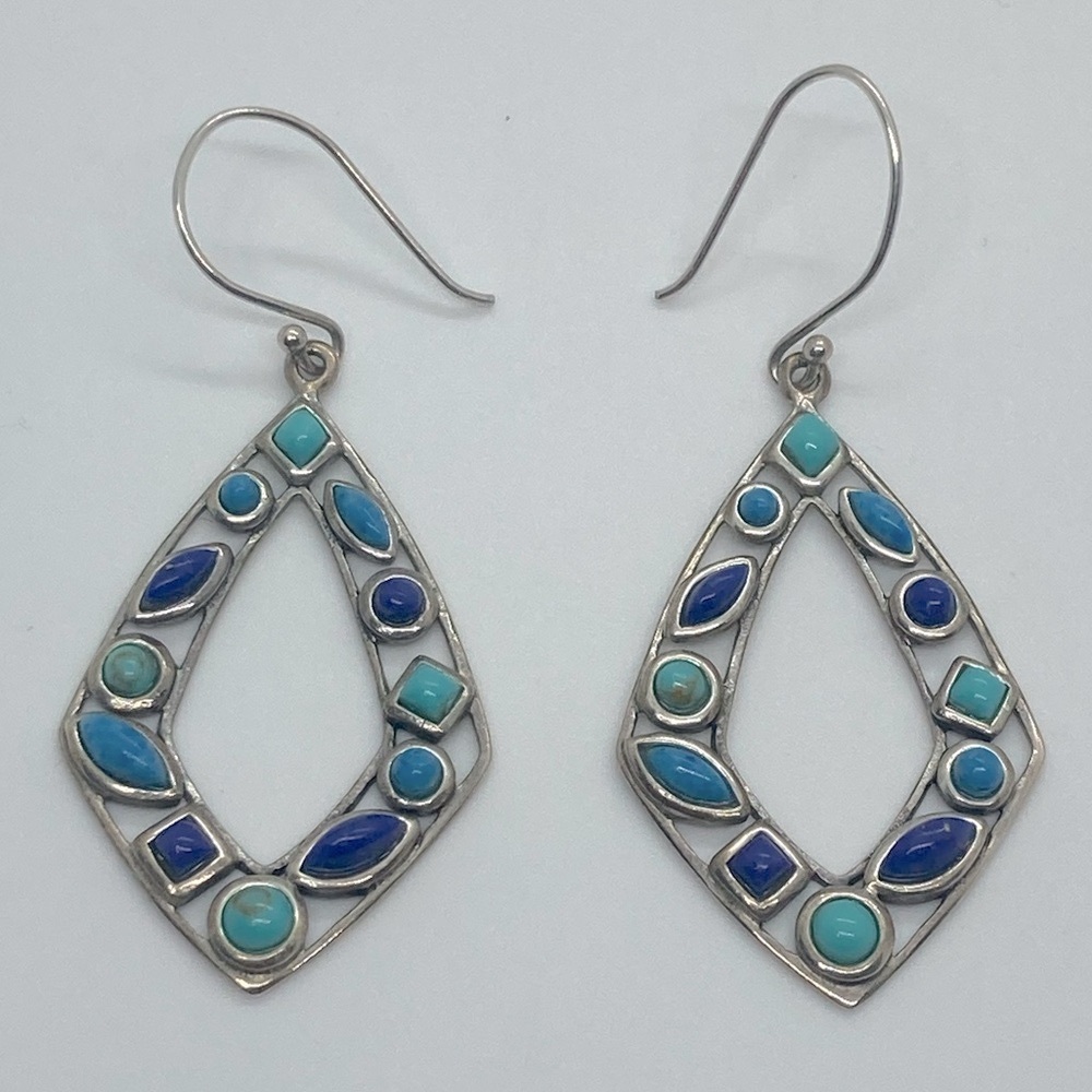 Vtg 925 Sterling Silver & Multi Colour Blue Turqouise Dangle Earrings | 2.2” - Picture 3 of 13